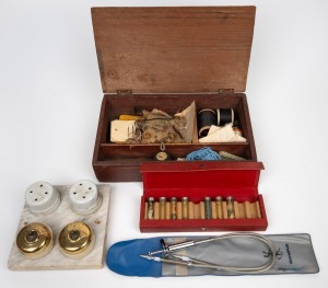 Antique timber sewing box with assorted thimbles and accessories, mineral specimens in jars, antique switches mounted on marble board and an Olympus camera accessory, (qty).