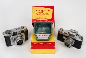 ARGUS: Group comprising c. 1941 Argus CC (Colorkamera), c. 1958 Argus V-100, and c. 1950s Argus PreViewer colour slide viewer in maker's box. (3 items)