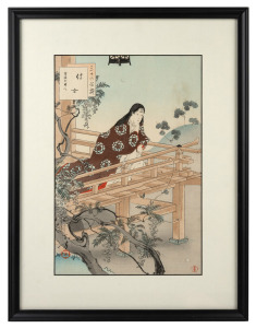 MIZUNO TOSHIKATA (1866-1908), Japanese woodblock print of a lady on a balcony, Meiji Period, 32 x 21cm, 45 x 35cm overall.