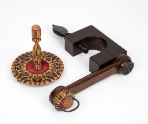 An antique English sewing clamp pin cushion top with articulated arm and Tunbridge top; together with an antique English Tunbridge ware sewing stand, (2 items), 19th century, the clamp 17cm high.