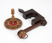 An antique English sewing clamp pin cushion top with articulated arm and Tunbridge top; together with an antique English Tunbridge ware sewing stand, (2 items), 19th century, the clamp 17cm high.