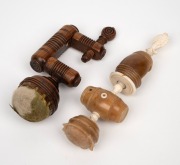Two antique English sewing clamps with pin cushion tops, one in turned timber, the other in whalebone and vegetable ivory, 19th century or possibly earlier, the larger 14cm high. - 2