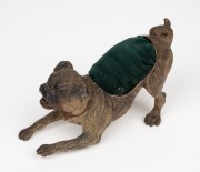 An antique Austrian cold painted bronze pug dog pin cushion, circa 1900, 7cm high, 13cm long. - 2
