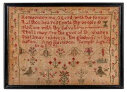 A framed Georgian needlework sampler by Ann Harrison, dated August 4th, 1795, 30 x 43cm overall.