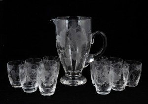 STUART CRYSTAL vintage English thirteen piece lemonade set with etched decoration, 20th century, acid etched factory mark to base, ​​​​​​​the jug 23cm high.