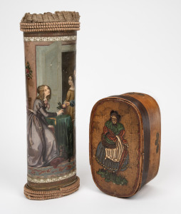 A rare antique Continental marriage certificate container with coloured lithograph decoration, early to mid 19th century, together with an antique German spruce hat box with hand-painted decoration, 19th century, (2 items), the larger 32cm high.