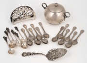 Continental silver spoons, cake slice, napkin holder and lidded sugar basin, 20th century, (qty), ​​​​​​​520 grams total.