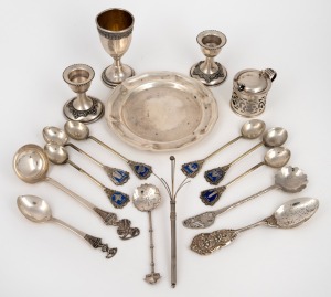Assorted sterling silver spoons, dish, candle holders, etc, 20th century, (qty), 250 grams total.