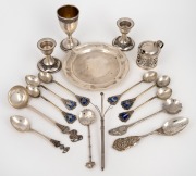 Assorted sterling silver spoons, dish, candle holders, etc, 20th century, (qty), ​​​​​​​250 grams total.