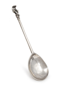 Charles I English sterling silver St. Mathias apostle spoon, William Cawdell of London, circa 1633, 18cm long, 60 grams.