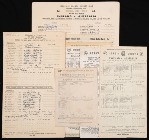 SCORECARDS: "England v. Australia, Kennington Oval, August 14,15 & 16, 1893", "England v Australia, Lords, June 25 - 30, 1953", "England v Australia, Old Trafford, July 9-14, 1953", "England v. Australia, Lord's, June 22nd - 27th, 1961", "England v. Australia, OldTrafford, July 27 - Aig.1, 1961", "England v Australia, Headingley, 25th - 30th July, 1968", "England v. Australia, The Oval, 28th Aug - 3rd Sept., 1975", "England v. Australia, Lord's, 28th Aug. - 2nd Sept., 1980", and one other. (9)