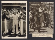 DON BRADMAN: Two original press photographs, one dated 19 Nov. 1947 showing schoolboy autograph hunters mobbing Bradman before seeing him score his 100th first-class century at the SCG, the other showing Don fighting his way past adoring female fans, 3 De