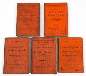 JAMES LILLYWHITE'S CRICKETERS' ANNUALS: 1891 (Kent, 1890), 1892 (Middlesex, 1891), 1893 (Somerset, 1892), 1894 (Yorkshire, 1893), and 1895 (South Africans). (5 items)