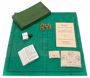 "STUMPZ - THE INDOOR CRICKET GAME": English, c.1930s, by Thomas de la Rue & Co., box with folding board, 10 cricketer/pawns, two packs of cards, spinning top, score board and rule book, board opens to 44.5cm square. "The indoor cricket game played by the Australian Test Team, English teams and keen cricketers everywhere".