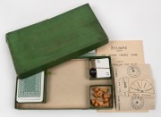 "STUMPZ - THE INDOOR CRICKET GAME": English, c.1930s, by Thomas de la Rue & Co., box with folding board, 10 cricketer/pawns, two packs of cards, spinning top, score board and rule book, board opens to 44.5cm square. "The indoor cricket game played by the - 2
