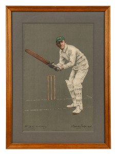 A group of three Chevallier Taylor (1862-1925) colour lithographs, featuring Monty Noble, William Kelly, and Warwick Armstrong; all framed and glazed, the largest 55 x 41cm overall.