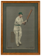 A group of three Chevallier Taylor (1862-1925) colour lithographs, featuring Monty Noble, William Kelly, and Warwick Armstrong; all framed and glazed, the largest 55 x 41cm overall. - 2
