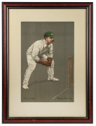 A group of three Chevallier Taylor (1862-1925) colour lithographs, featuring Monty Noble, William Kelly, and Warwick Armstrong; all framed and glazed, the largest 55 x 41cm overall. - 3