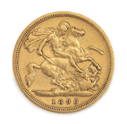 1896 Half-Sovereign, Melbourne, St. George reverse, VF.