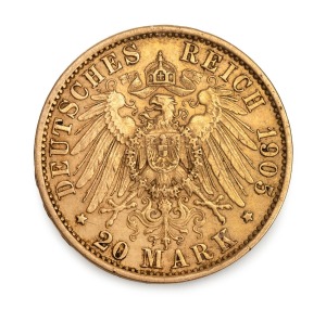 GERMANY: 1905 Wilhelm II, 20 Mark, gold (7.95g), Berlin Mint, VF.