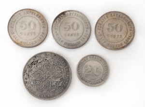 STRAITS SETTLEMENTS: A small group of silver coins comprising of 1899 QV 20c, 1907 Edward VII $1, 1920 KGV 50c and 1921 KGV 50c (2). Mainly VF-EF. (5 coins).