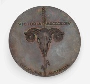 1934 VICTORIAN CENTENARY CELEBRATIONS medal in bronze (64mm) designed by G. Rayner Hoff. EF condition. Hoff (1894 1937), is best remembered for this controversial medal, symbolising the wool industry with the skull of a sheep. Victorian Premier, Stanle