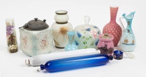 Antique English Nailsea glass rolling pins, vases, biscuit barrel, cheese cover, jam pot etc., 19th century, (11 items), the largest 22cm high.