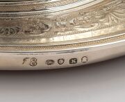 George III antique English sterling silver teapot and stand with bright cut foliate decoration, bearing coat of arms with the motto "VIGET IN CINERE VIRTUS" (Virtue thrives in ashes), by John Emes of London, 1805, (2 items), the teapot 15cm high, 25cm wid - 2