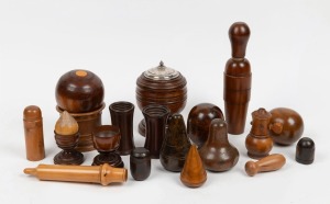 TREEN WARE antique and vintage turned wooden egg cups, lawn bowl, tobacco jar, containers etc., English and Australian origin, 19th and 20th century, (20 items), the largest 20cm high.