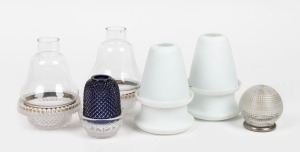 A group of five fairy lights with covers; together with a cut glass light shade with silver mount, 20th century, (6 items), the largest 15cm high.