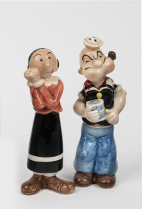 POPEYE & OLIVE OYL pair of vintage Japanese salt and pepper shakers, bearing original paper labels to base "Vandor Imports, San Francisco, Made in Japan", 19cm and 18cm high.