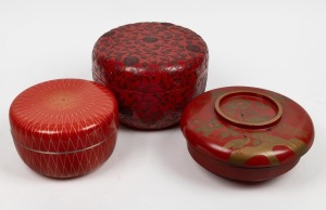 Three vintage Japanese red lacquered lidded boxes, Meiji period, the largest 17cm high.
