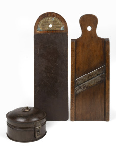 "ANTHONY HORDERN & SONS... Sydney" antique Wellington Knife Board with maker's plaque to the top; together with a mandolin vegetable slicer and an antique Georgian metal spice box, 19th century, (3 items), the knife board 46cm high overall.