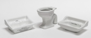 SALESMAN SAMPLES vintage porcelain miniature toilets, ROYAL DOULTON, WHIELDON and one unbranded example, 20th century, (3 items), the largest 18cm high.