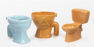 SALESMAN SAMPLES group of three blue and ochre vintage porcelain miniature toilets, ARMITAGE, SHANKS and ARMITAGE SHANKS, 20th century, (3 items), the largest 12cm high.