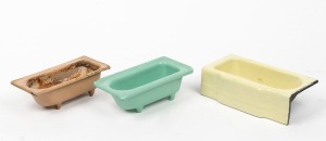 SALESMAN SAMPLES group of three cast iron and enamel miniature bathtubs, one example stamped "Metters, Sydney", 20th century, (3 items), the largest 17cm wide.