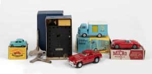MICRO MODELS MG in box, CORGI TOYS "Karrier Bantam Dairy Produce" van in box, MATCHBOX "A Moko Lesney" Austin in box, Mercedes Benz model car and MECCANO clockwork motor in original box, 20th century, (5 items).
