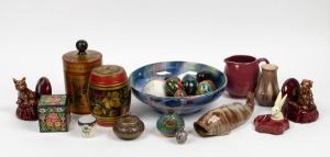 English porcelain dog bookends, pottery fish ornament, assorted egg ornaments, Russian lidded jars, fruit bowl, jug etc., 20th century, (qty).