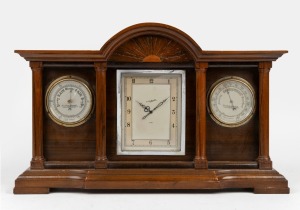 SIR JOHN BENNETT mantle clock compendium with aneroid barometer and Fahrenheit thermometer in walnut case, circa 1930, 36cm high, 58cm wide, 12cm deep.
