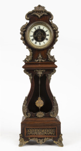 An antique French ornate miniature longcase mantle clock in walnut case with ormolu mounts and exposed movement, 19th century, ​​​​​​​49.5cm high.