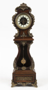 An antique French ornate miniature longcase mantle clock in walnut case with ormolu mounts and exposed movement, 19th century, ​​​​​​​49.5cm high.