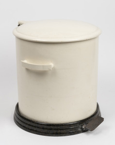 A vintage cream and green bakelite waste paper bin, circa 1930, 32cm high, 30cm wide, 35cm deep.