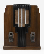 AIRZONE vintage Art Deco walnut veneered mantle radio with ebonised trim and chrome speaker grill, 37cm high.