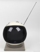 JVC VIDEOSPHERE vintage television in cream colourway with original chain and later base, circa 1970s, ​​​​​​​ 32cm high.
