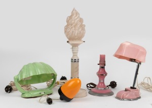 Five assorted bakelite lamps and light fittings (one with glass shade), mid 20th century, the largest 49cm high.