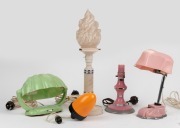 Five assorted bakelite lamps and light fittings (one with glass shade), mid 20th century, ​​​​​​​the largest 49cm high.