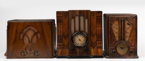 Three vintage mantle radios in walnut cases, the largest 27cm high.