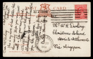 CHRISTMAS ISLAND: 1906 PPC (Caledonian and London and North Western Railways) from GLASGOW to "W.R. Darling, Christmas Island, Straits Settlements via Singapore" with double-circle 'PENANG TO SINGAPORE/JY28/1906' transit cds and 'CHRISTMAS ISLAND/AU/1906'