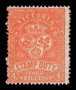 VICTORIA: 1886 (SG.269) 4/- red-orange "Stamp Duty", Mint.