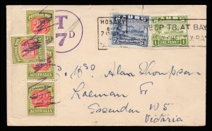 Postage Dues: circa 1950 cover from Hobart bearing Nauru 1d and 2&frac12;d Freighters, tied by the roller cancel, but not accepted for postage; with large circular "T 7d" (double deficiency) and 7d in postage due stamps affixed prior to delivery in Essendon, Vic